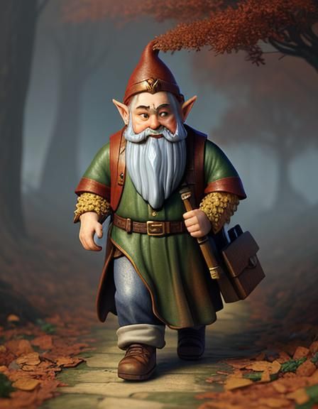 3D small Gnome with long whispy beard, walking through autumn leaves,  , artistic with intricate details.