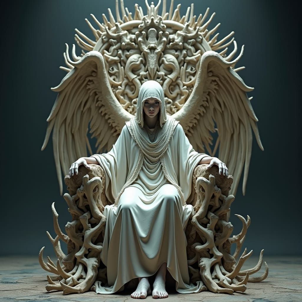Melancholic Angel on Bone Throne in Eerie Darkness
