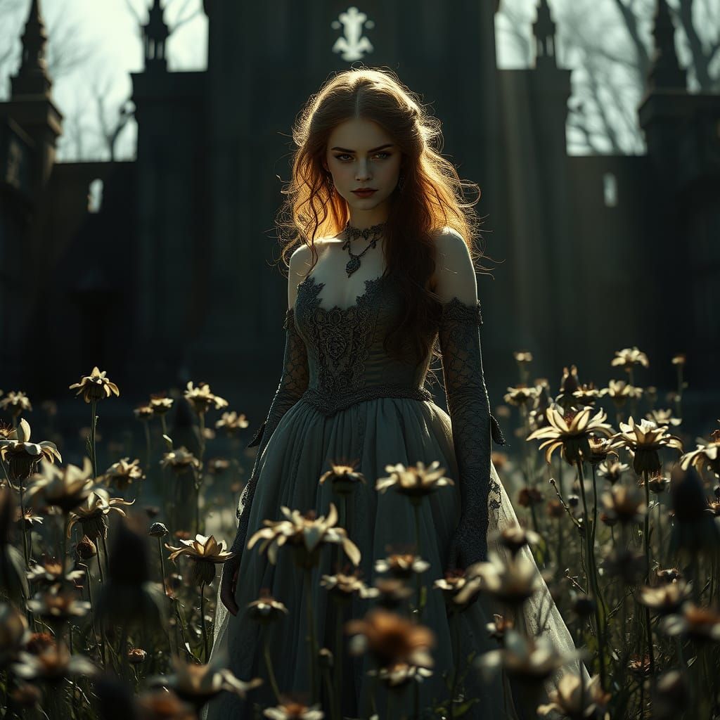 Majestic Lady Over Gothic Flowers in Cinematic Light