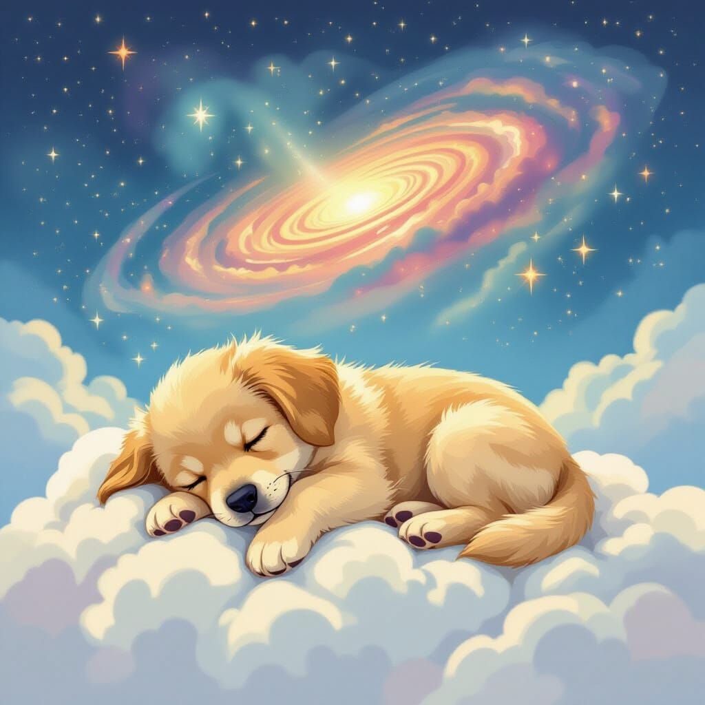 Dreamy Retriever Puppy Sleeping Among Clouds