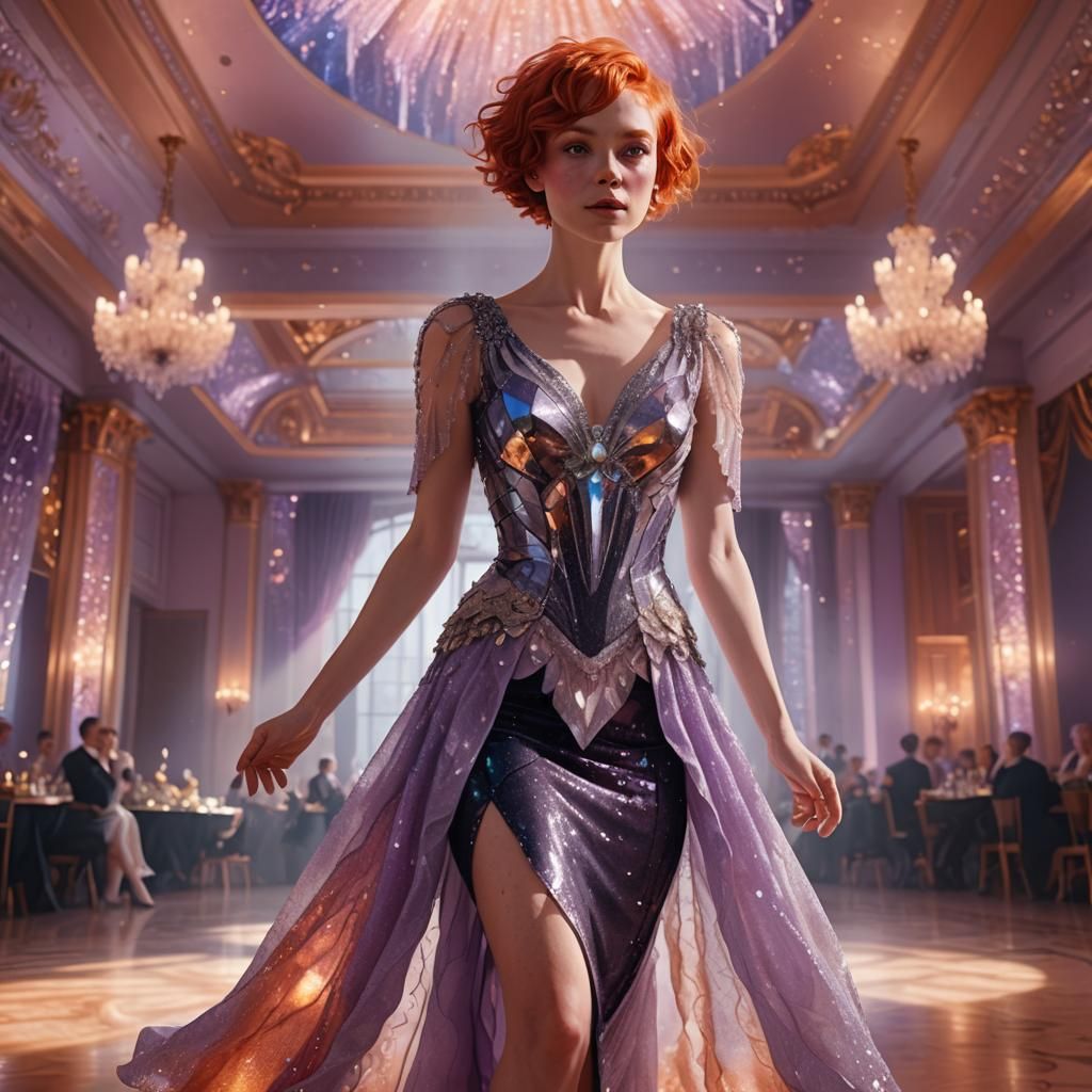 Woman in Crystal Dress in Ballroom: Digital Art