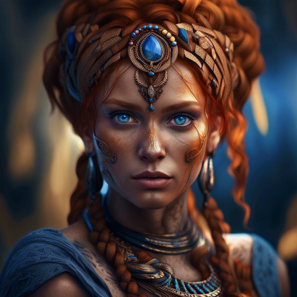Ginger Tribal Woman with Blue Eyes: Fantasy Art