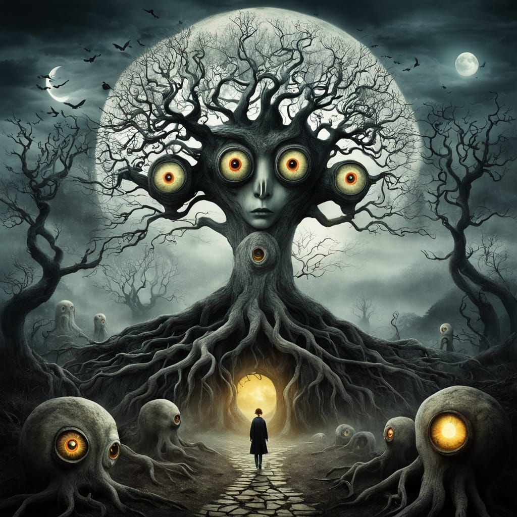 Eerie Surreal Landscape with Giant Eyes