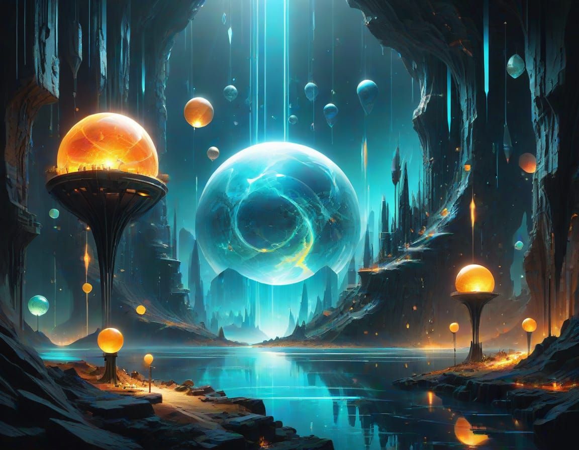 Surreal Cityscape with Quantum Portal and Glowing Orbs
