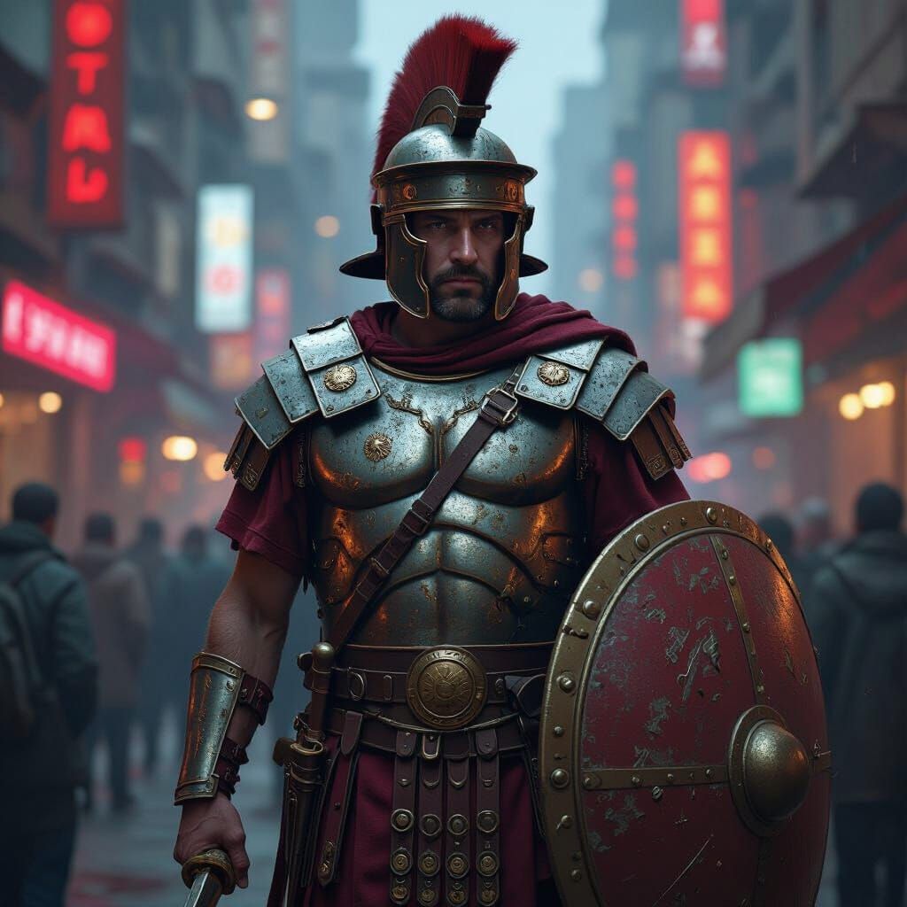 Roman Centurion in Cyberpunk Cityscape