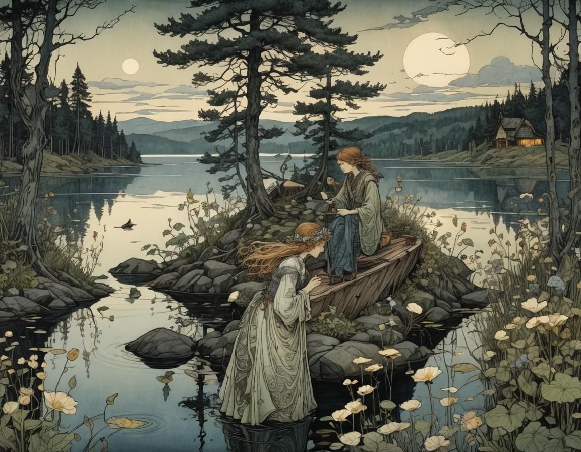 Swedish Lake Midsummer Night Illustration in Fairy-Tale Styl...