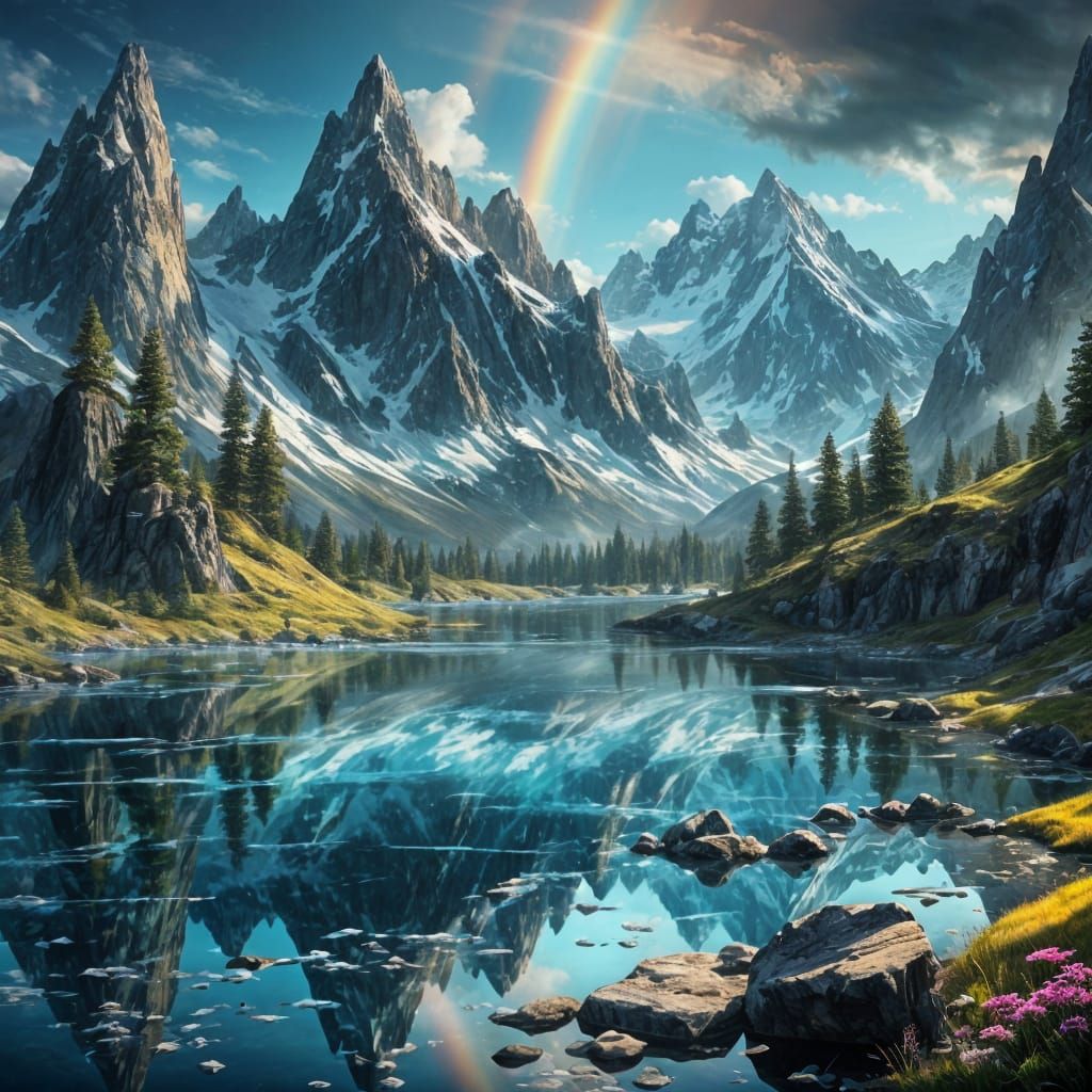 Crystal Landscape with Glass Mountains and Shimmering Lakes