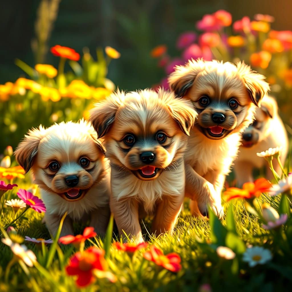 Playful Puppies in Vibrant Garden Settings