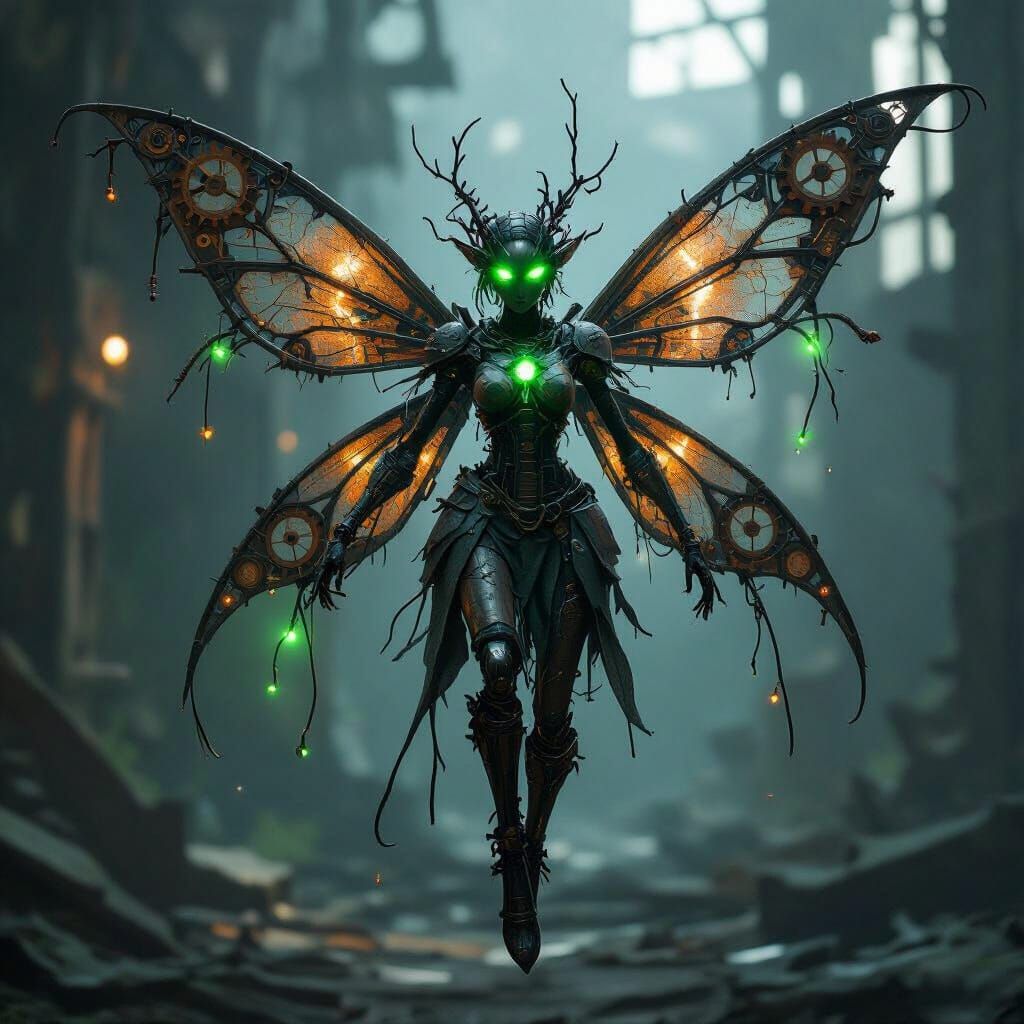 Mechanical Fairy in Industrial Wasteland: Dark Fantasy Art