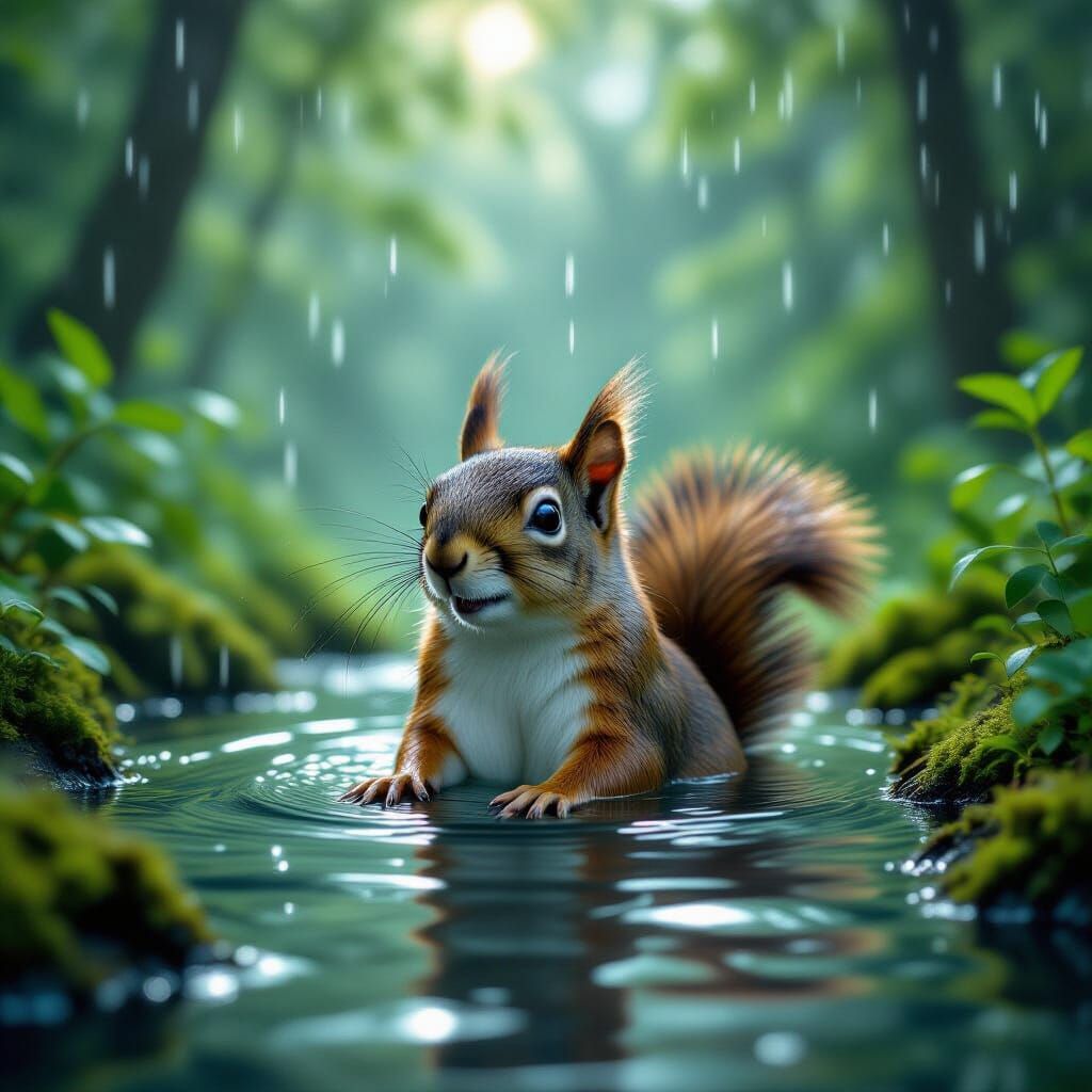 A stunning 4K cinematic photograph capturing a wet squirrel experiencing a surreal hallucination amidst a wild summer do...