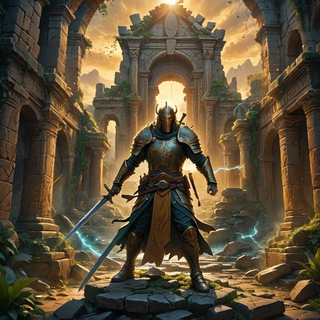 Heroic Warrior in Ancient Ruins Fantasy Art
