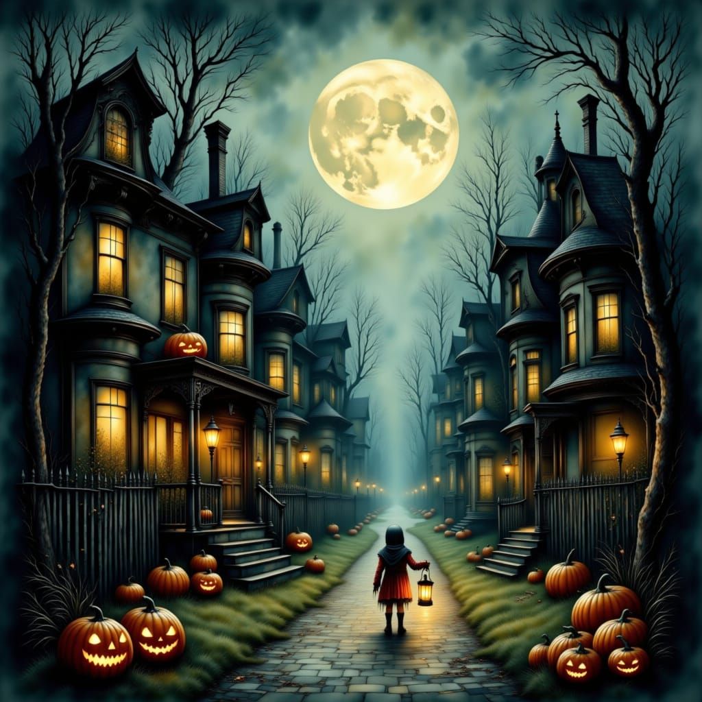 Haunted Halloween Night with Child and Glowing Lantern
