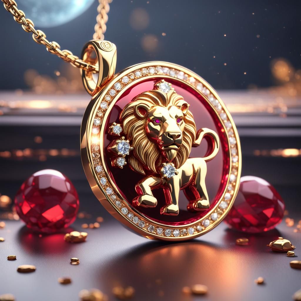 Leo Zodiac Ruby Pendant in Gold, 3D Render