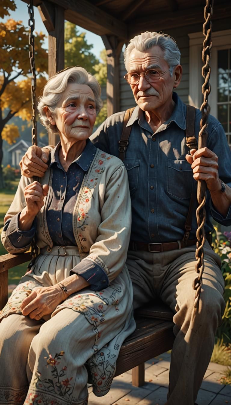 Elderly Couple on Porch Swing in Cinematic 3D