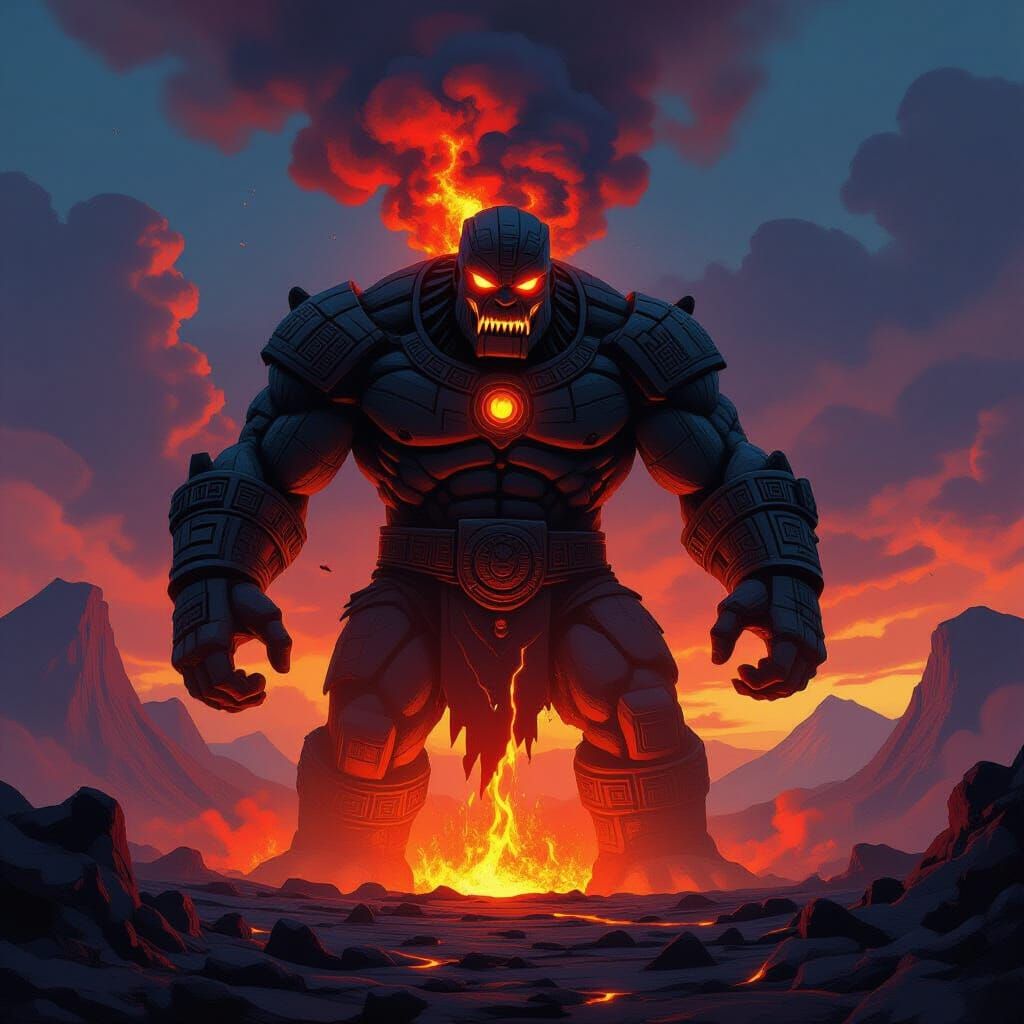 Lava Golem with Aztec Patterns Erupts from Volcano