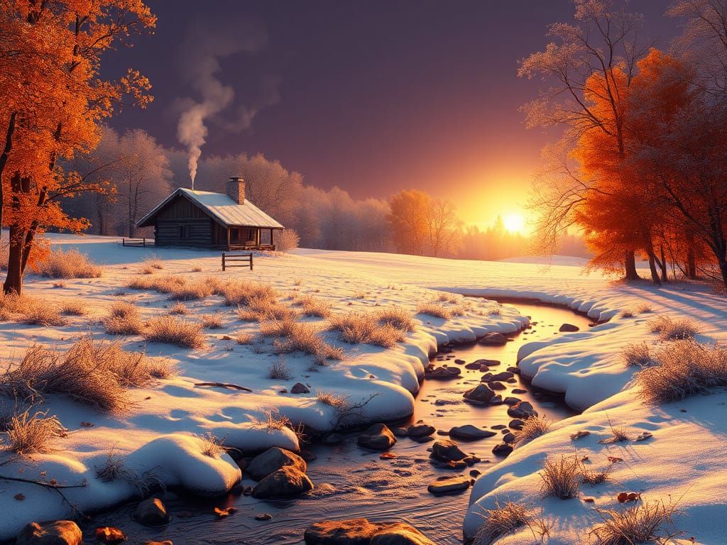 Autumn Snowscape Awakens to Golden Sunrise