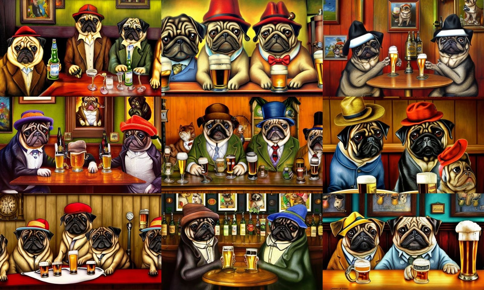 Pugs in a bar by Louis Wain