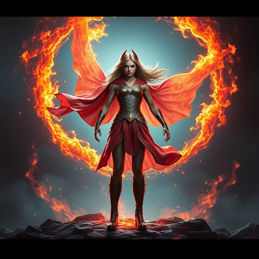 Ethereal Superhero Emerges from Fiery Ring