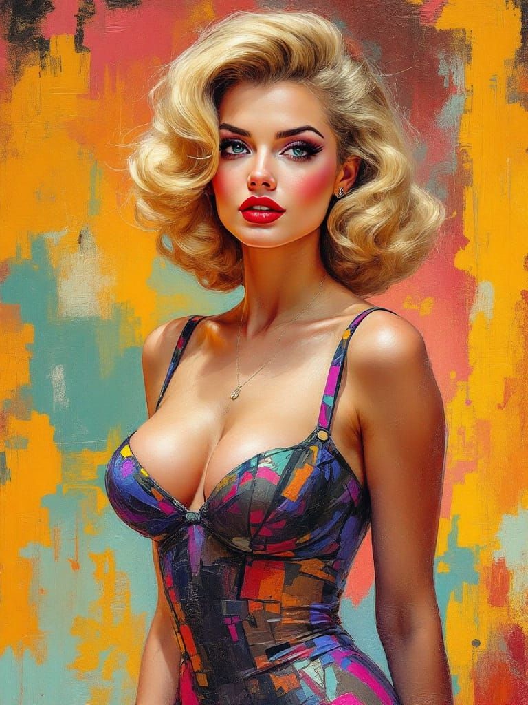 1950s Pin-Up Woman with Light-Cracked Dress, Impasto Style