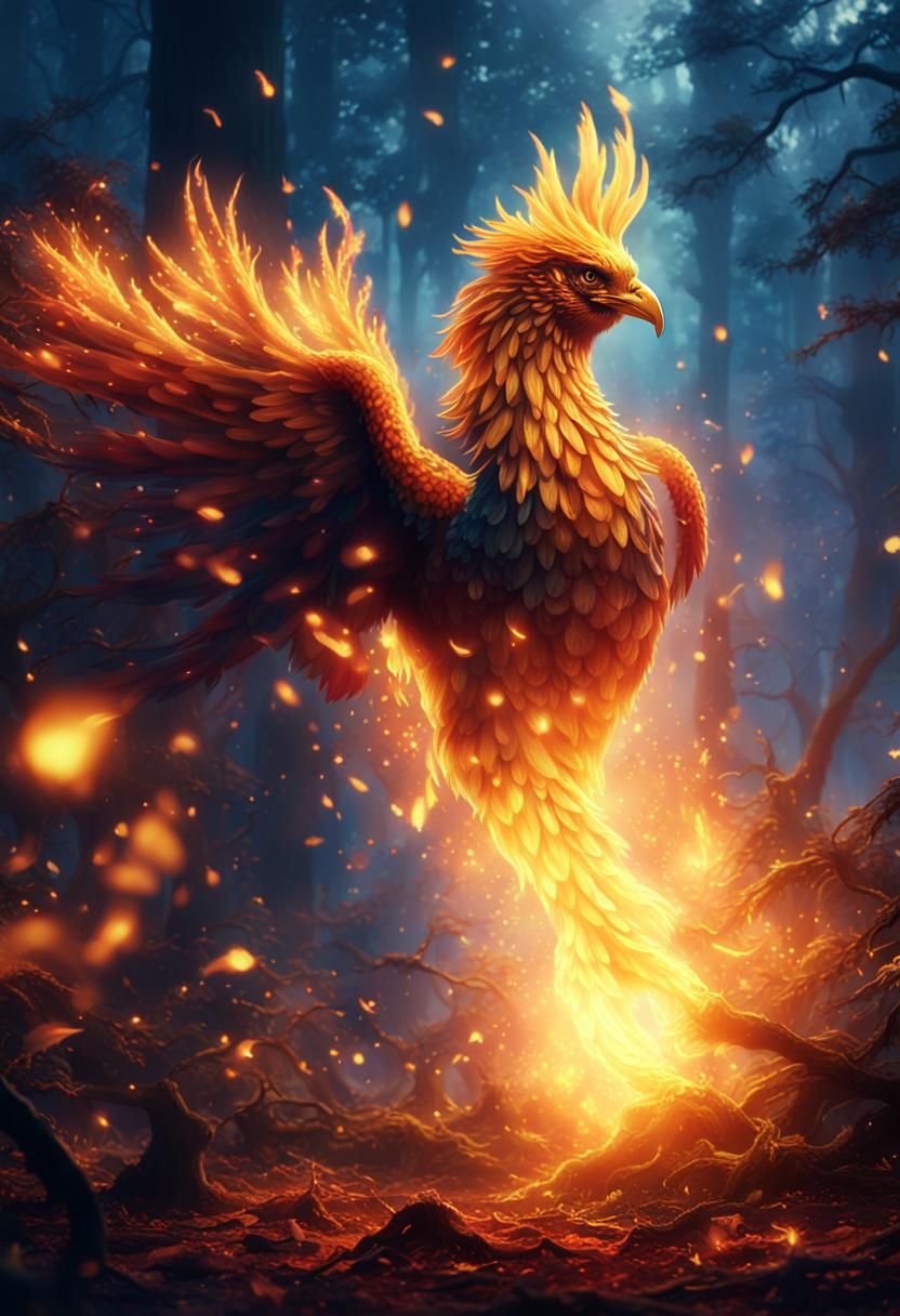 Mythical Phoenix Rising in Mystical Forest