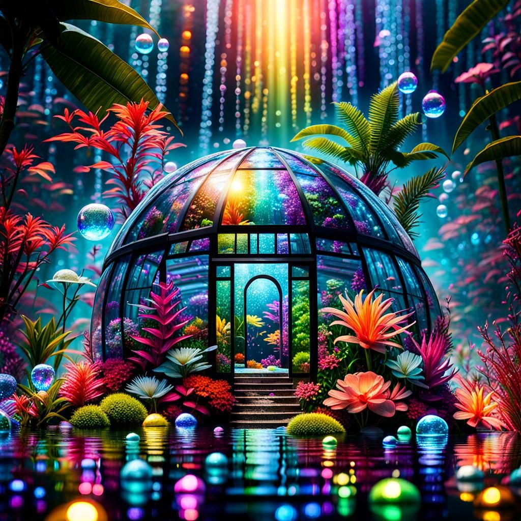 Cosmic Ocean Greenhouse with Neon Tropical Garden