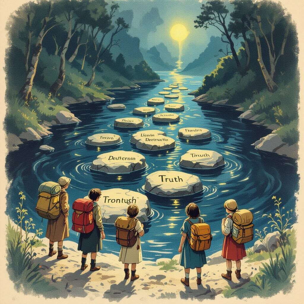 Vintage Illustration of Travellers at the Ford of Destructio...