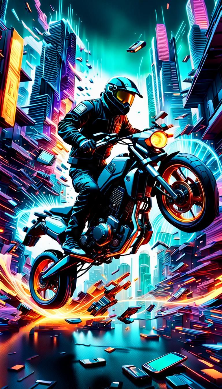 Motorcycle Leaps from Phone Screen: Fantasy Digital Art