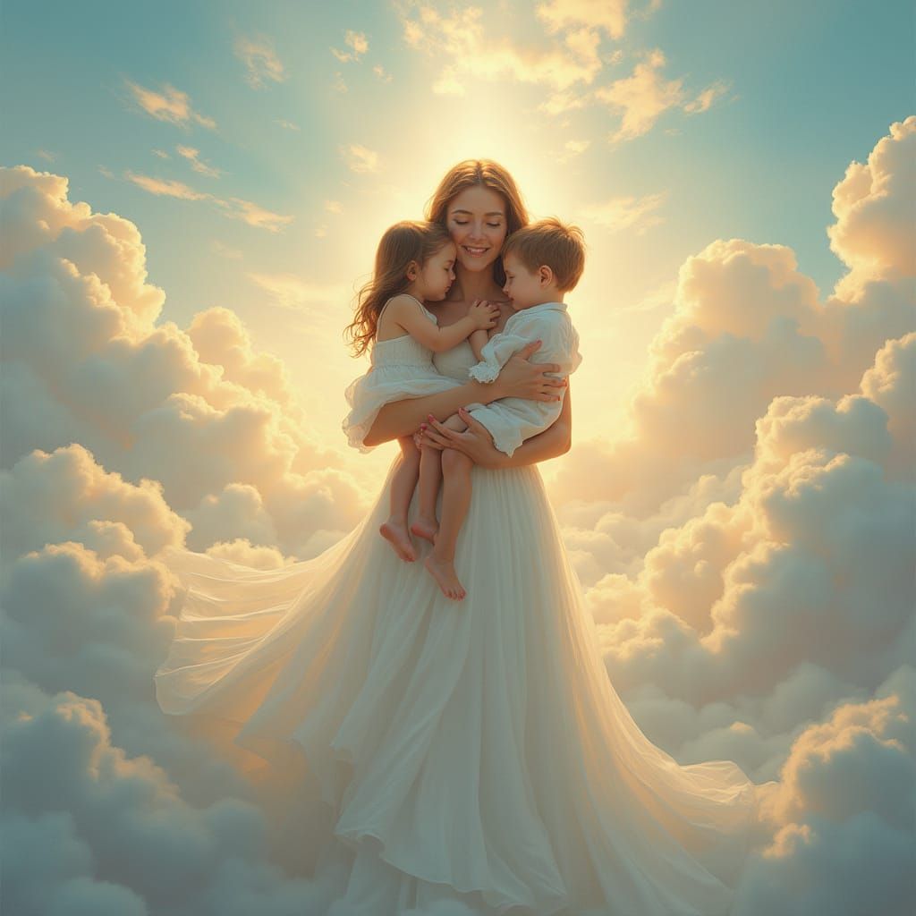 Woman Embracing Children in Heavenly Cloudscape