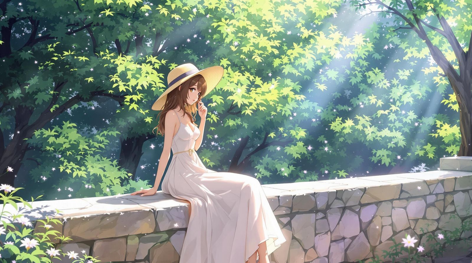 Anime Girl in Summer Forest: Tranquil Scene