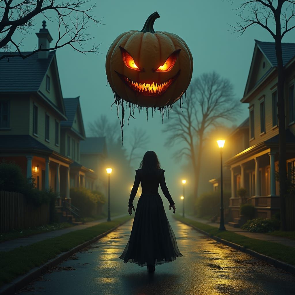 Eerie Pumpkin Head Above Victorian Woman, Digital Matte Pain...