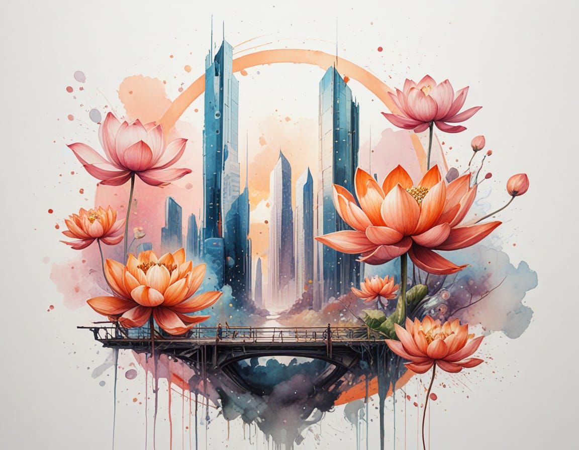 Fantastical Cityscape with Floating Lotuses