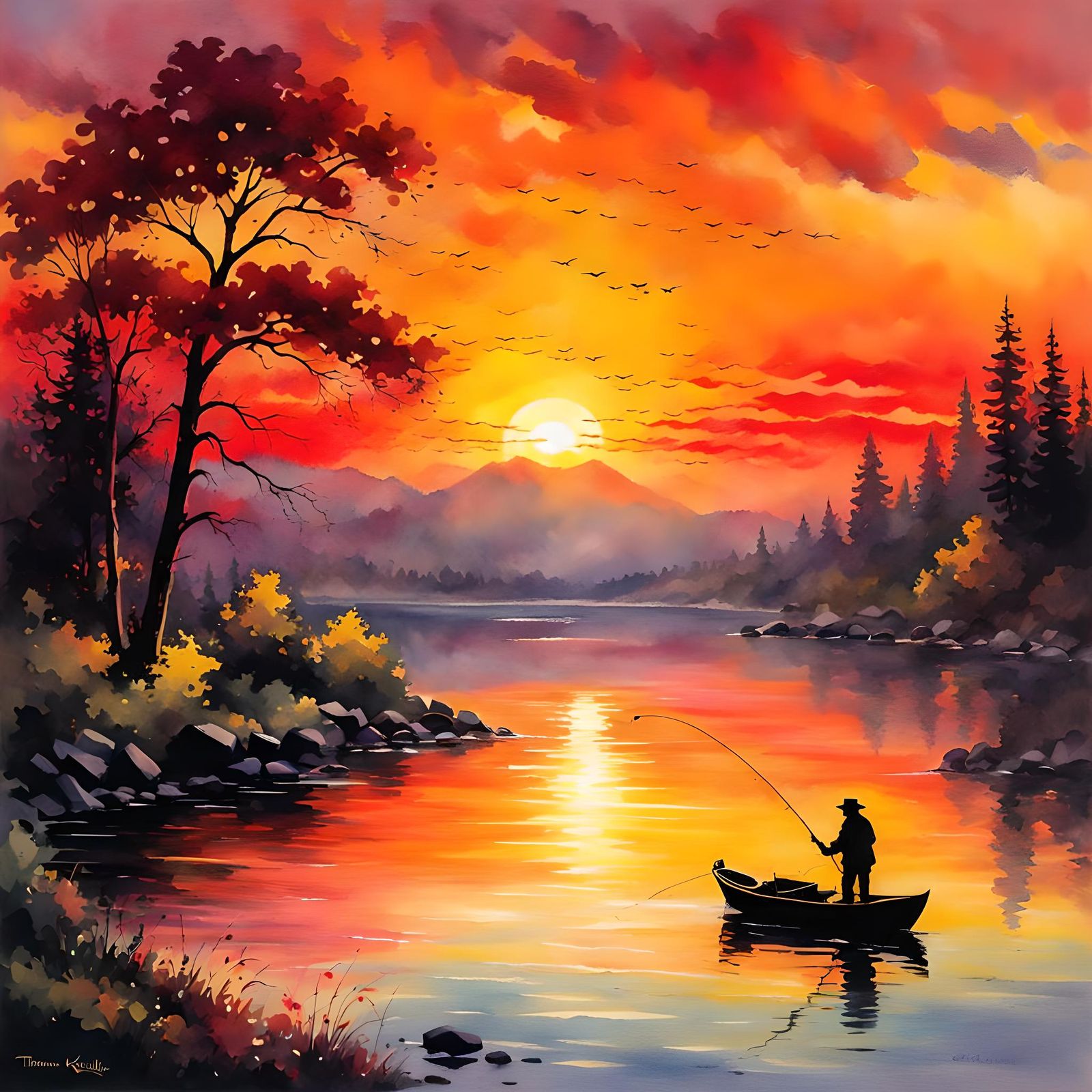 Sunset Fishing Silhouette in Watercolor Style