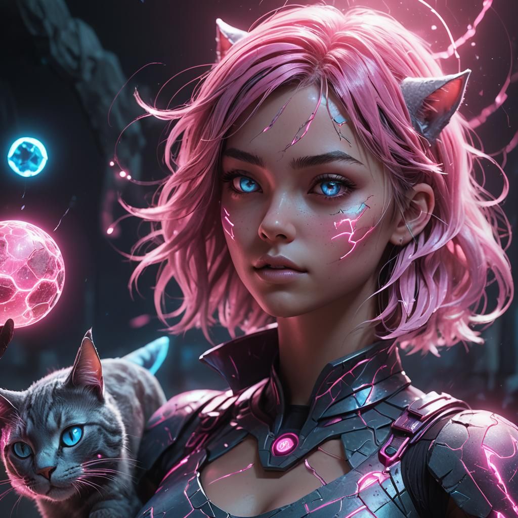 Stone Girl Rides a Light Ball with Cat