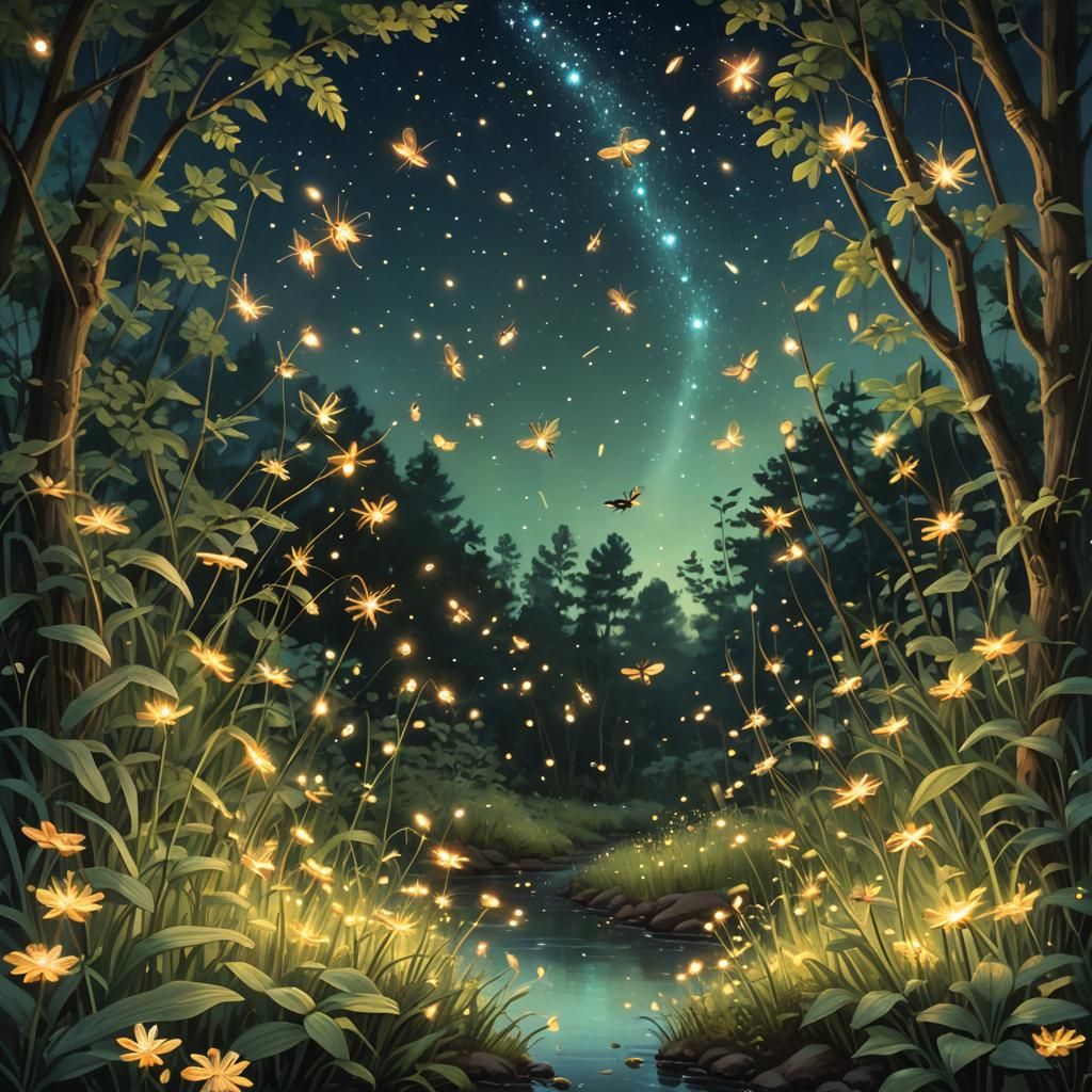 Summer Night Scene with Luminous Fireflies