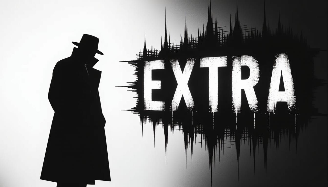 Noir Figure with Glowing EXTRA Sign