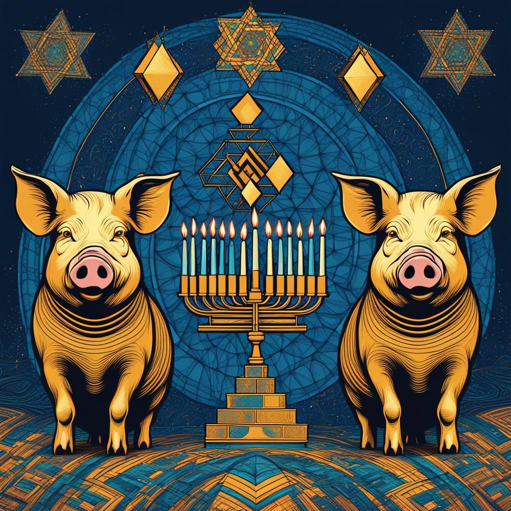 Pigs Celebrate Hanukkah in Pop Art Style