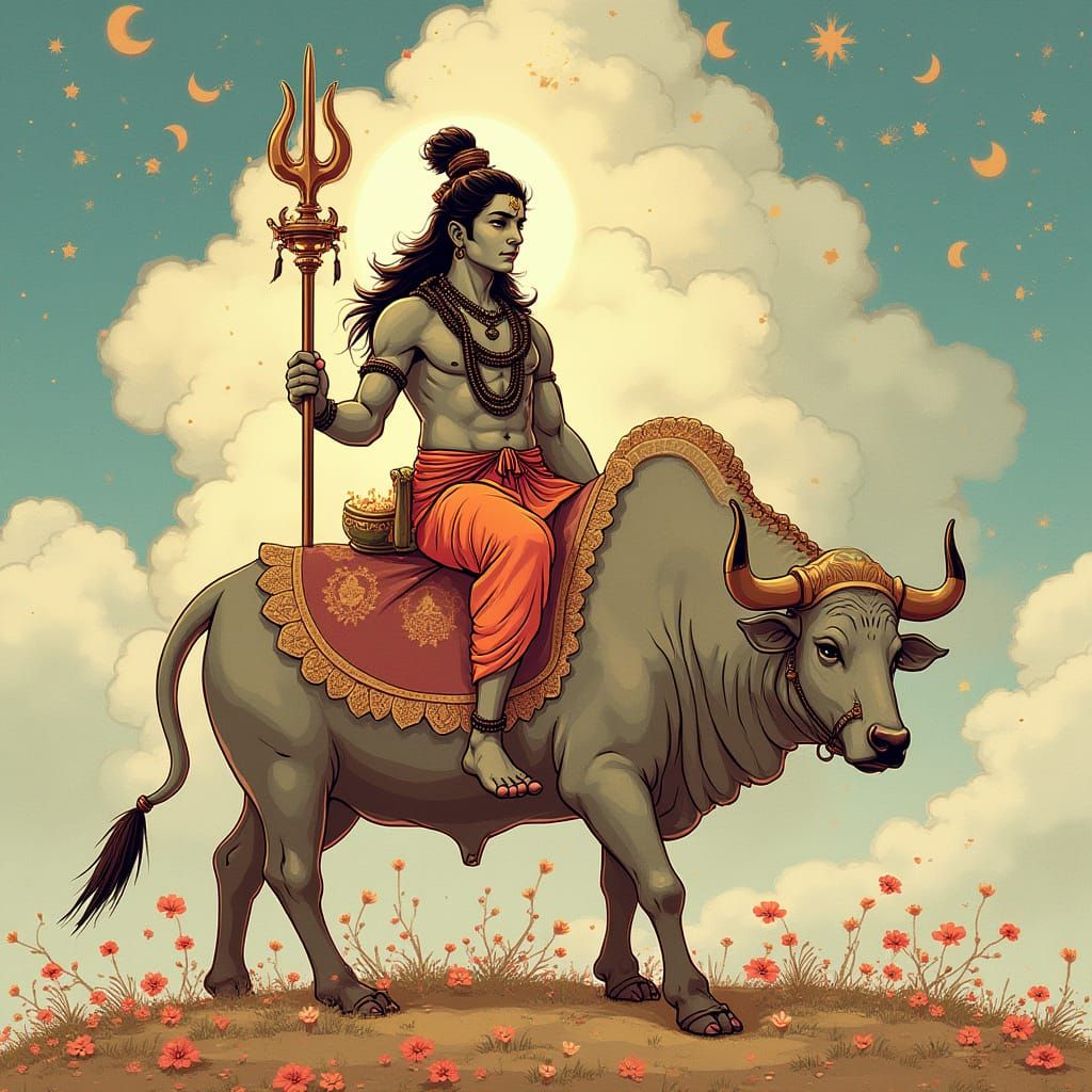 Anime-Inspired Shiv Rides Majestic Nandi in Traditional Indi...