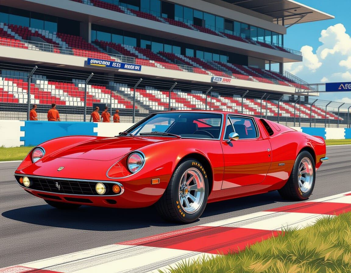 Retro-Modern Rosso Corsa Sports Car at Race Paddock