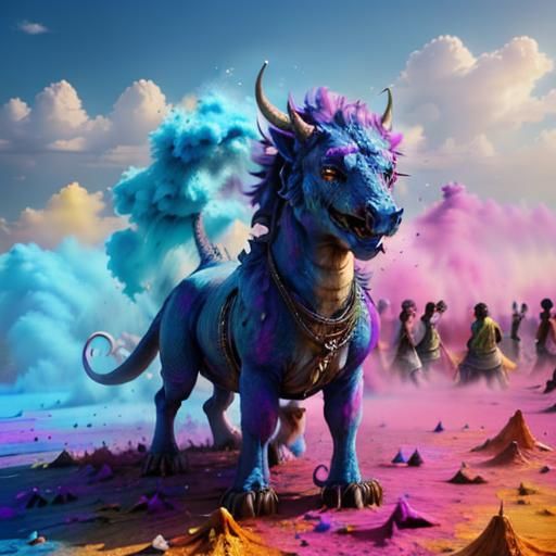 <lora:Holi:1.0> An enormous dragon emerges from a cloud of blue holi.