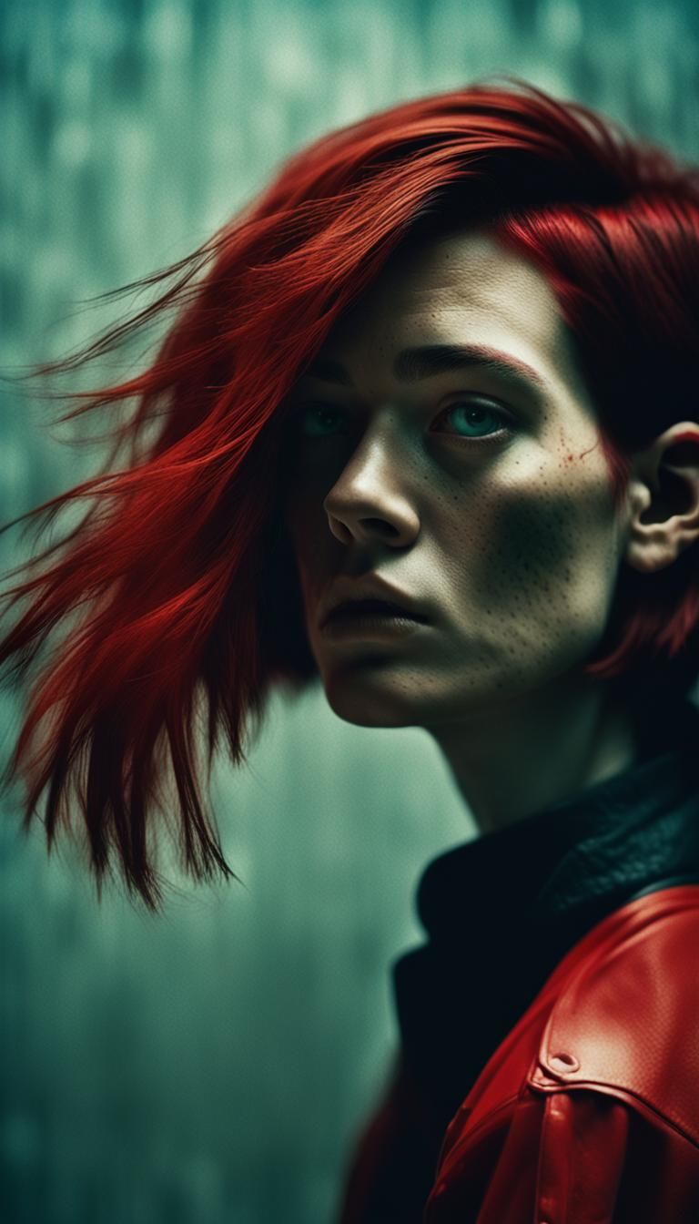 Surreal Portrait: Red and Dark Hair Dissolution