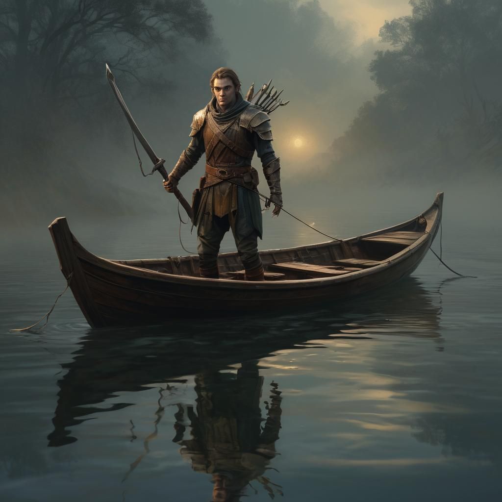 Half-Elf Smuggler on Misty Water, Dark Fantasy Art
