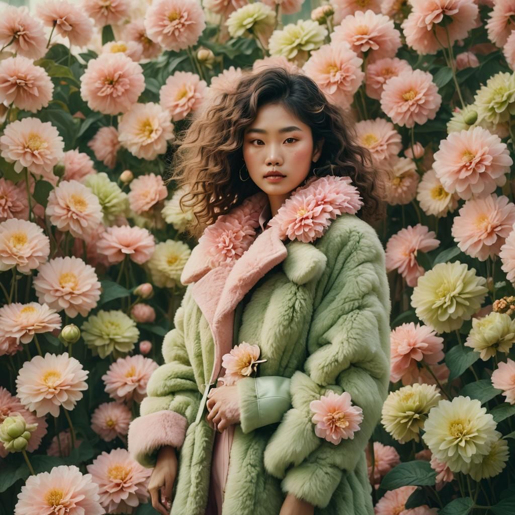Asian Woman in Fur Coat Amongst Giant Flowers