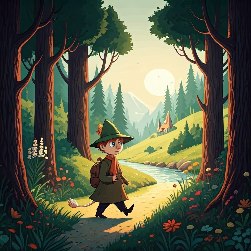 Whimsical Moomin Valley Scene in Watercolor Style