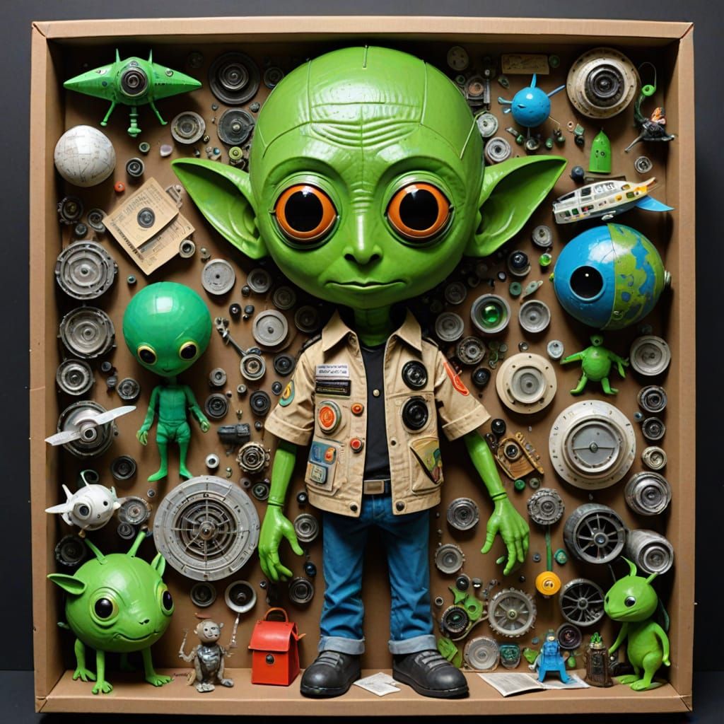 3D Assemblage: Boy and Alien from Recycled Materials