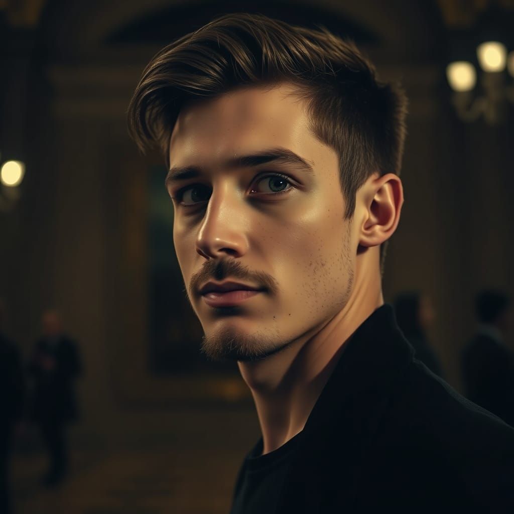 Man Contemplates Mona Lisa in Louvre at Night