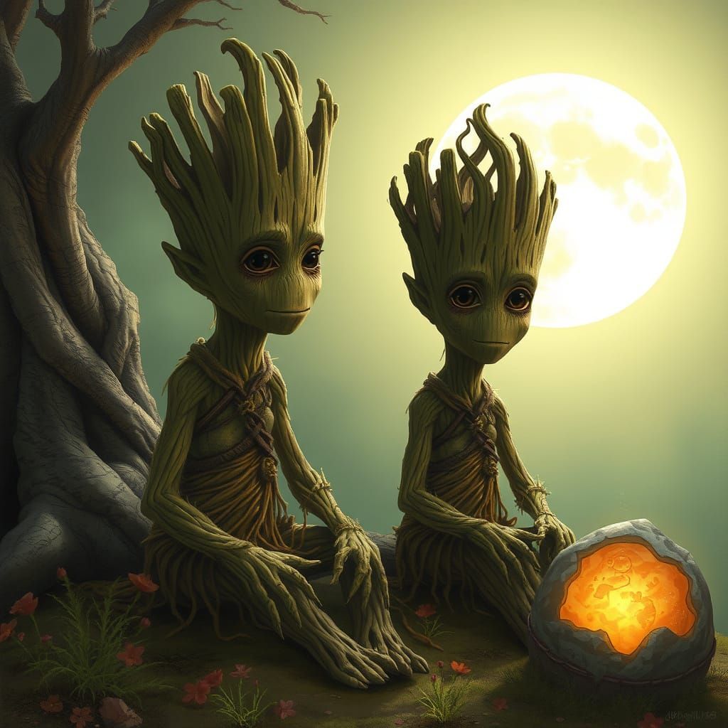 Groots Under Moonlight in Fantastical Style