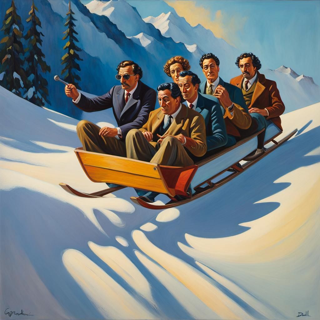 Excited Sledders in Expressionist Impasto Painting