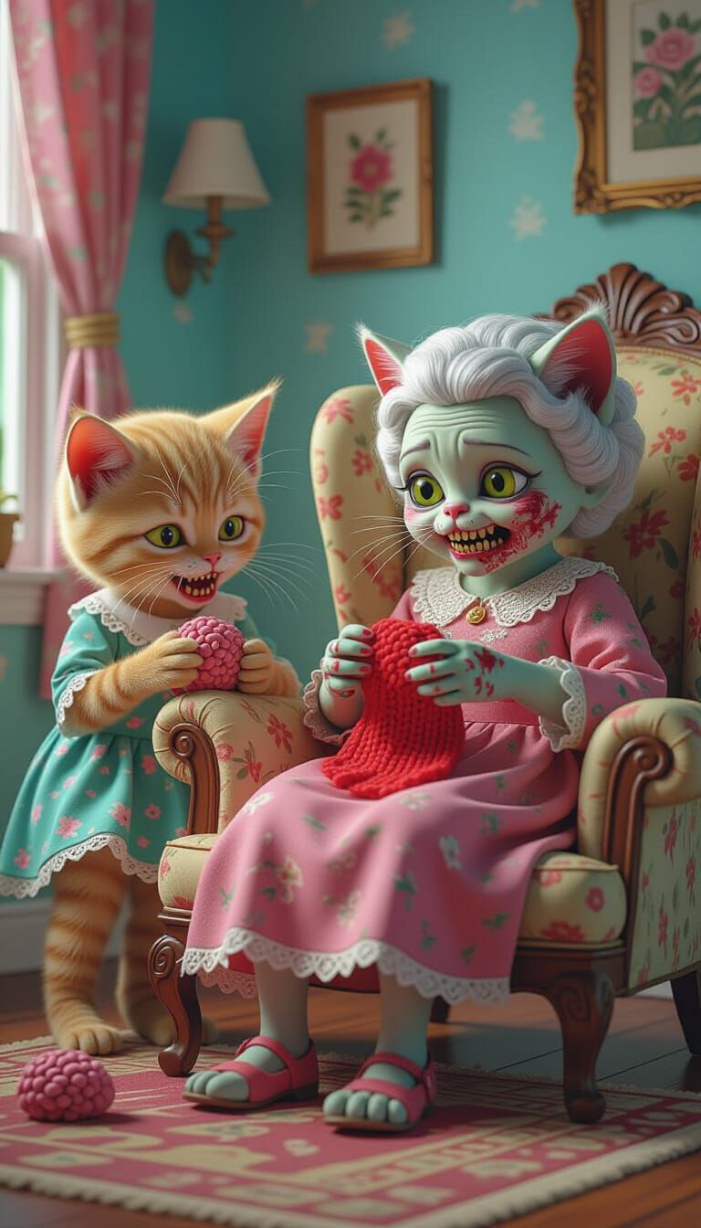 Adorable Zombie Kittens Visit Grandma: Pixar-Style 3D Art