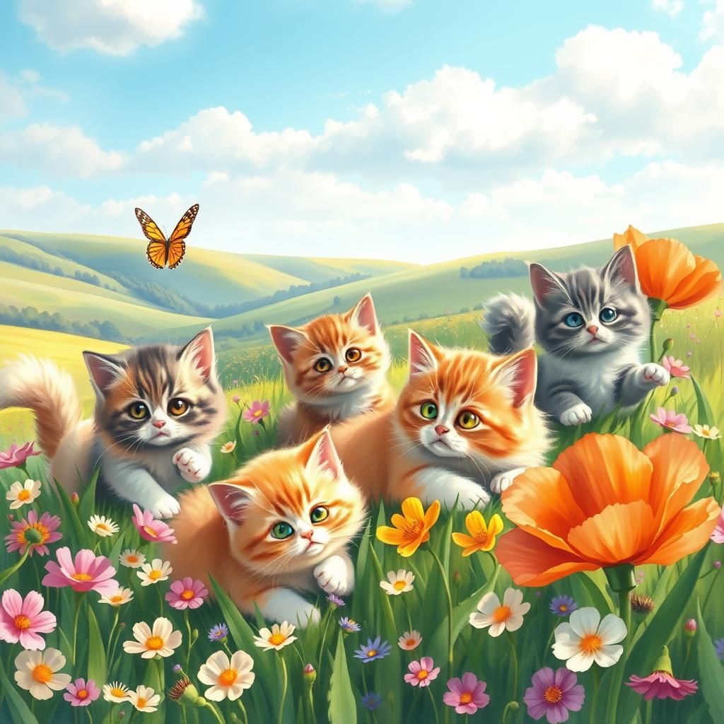Cats Frolicking in a Flower Meadow