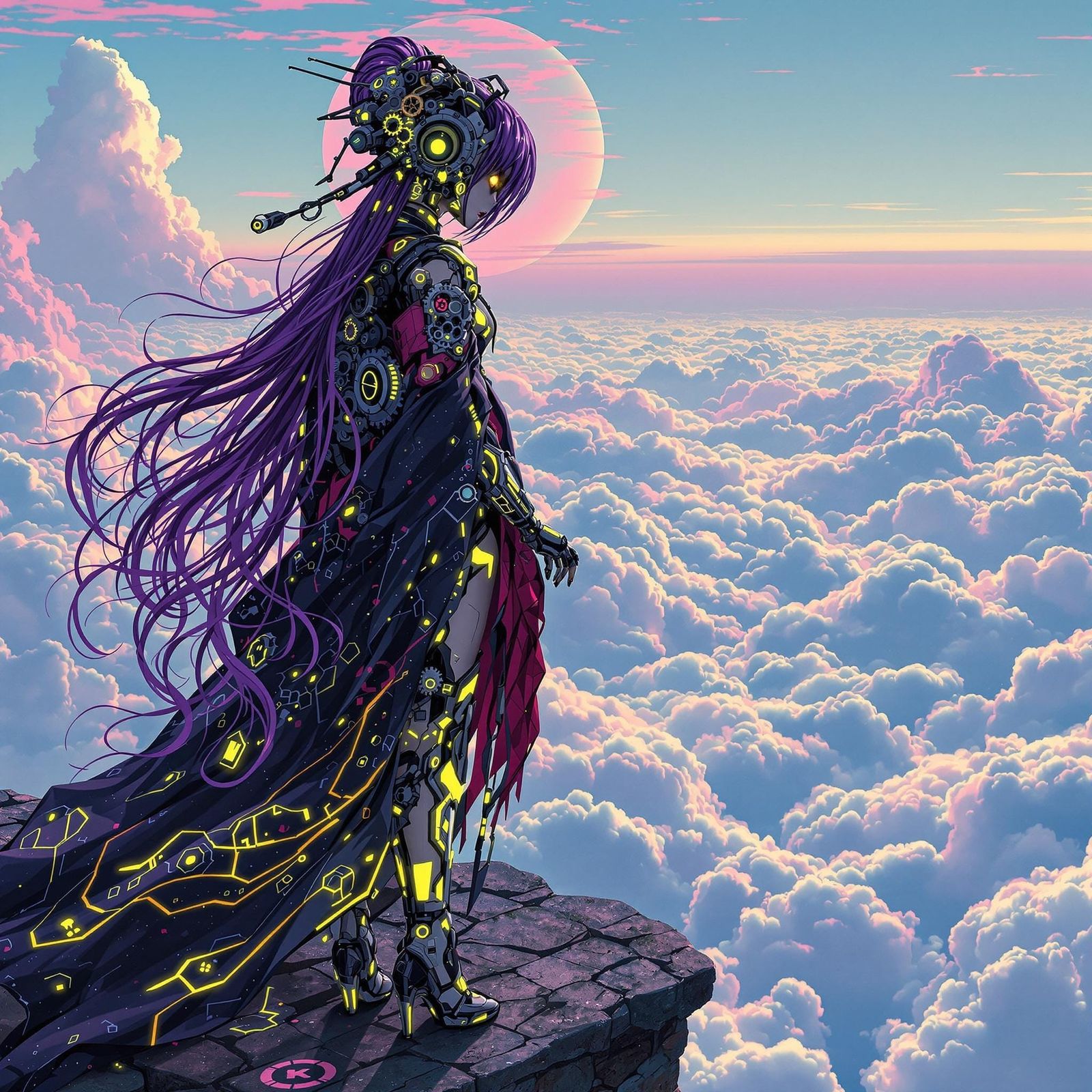 Gothic Cyborg Geisha on Floating Island in Steampunk Style